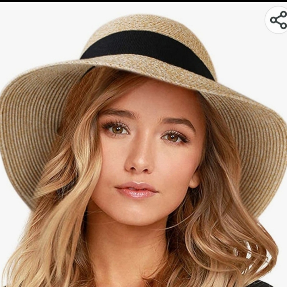 Women's Wide-Brim Straw Sun Hat with Black Band - Summer Beach Accessory